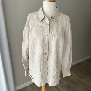 100% Linen Button Down Shirt with Embroidered Flowers